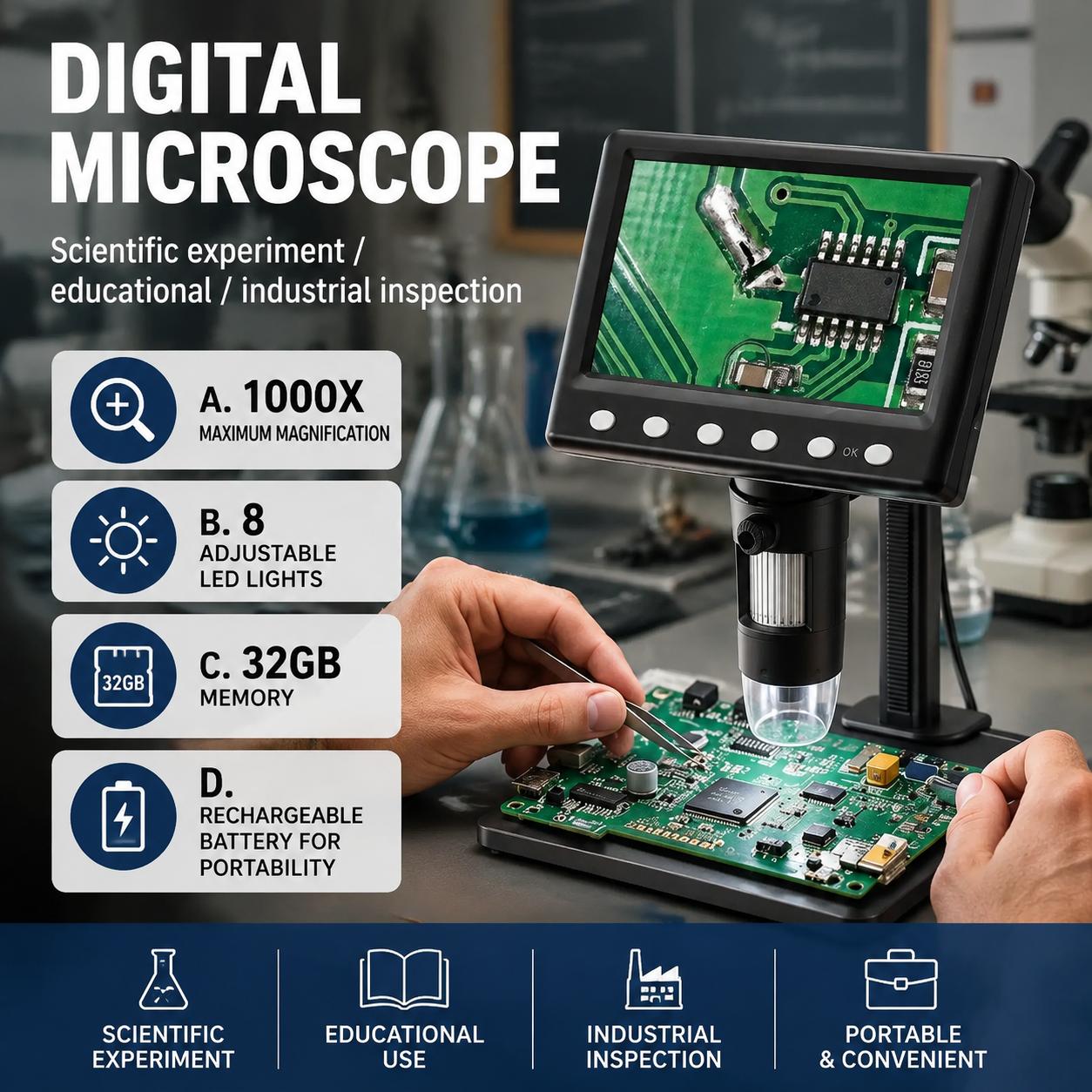 Diy Electronics Microscope - Inspection Microscope 1000x Magnification with 8